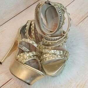 Alisha Hill jewel studded gold stral stiletto heels sz 7.5